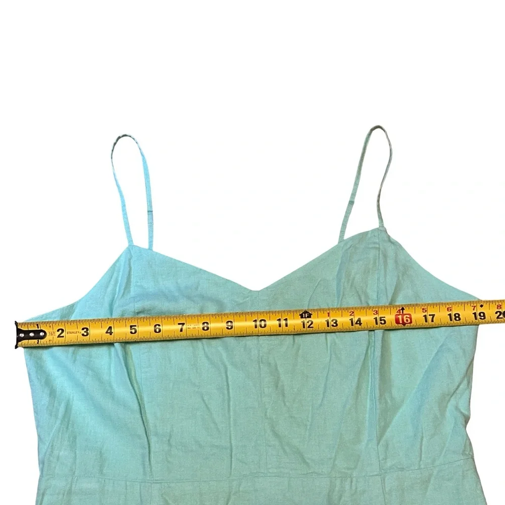 J.Crew Linen Blend Sunwashed Mint Midi Dress Size 14 Smocked Back Side Slit - Picture 8 of 15